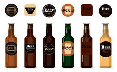 Set of vector glass beer bottles. Isolated bottles with different types, grades and firms of beer on a white background. Logos beer coasters under the beer glasses. Illustration for a bar, store, or