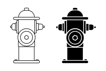 Fire hydrant icon set of silhouette and outline, isolated on white background. Used by firefighters for extinguishing flames. Metal water pipe with nozzles for hose. Vector stock illustration.