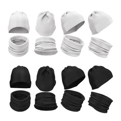 Buffs on the head and neck. Hat and scarf. How to tie and wear a buff. Black and white realistic 3d templates of headwear, sportswear. Empty mock up for print. 3d render.