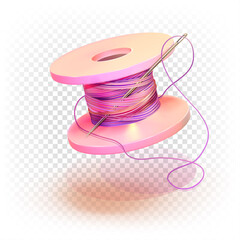 Spool of thread and needle. 3d vector illustration of multi-colored pastel color isolated on a white transparent background. The concept of a seamstress, couturier, fashion designer. - obrazy, fototapety, plakaty