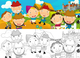 cartoon scene with sketch farmers in front of medieval castle illustration