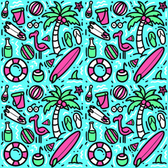 Colorful seamless summer pattern with hand drawn beach elements such as sunglasses, palm, watermelon slice, coconut, bottle, starfish, flamingo, lifebelt. Fashion print design, vector illustration