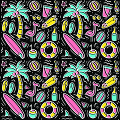 Colorful seamless summer pattern with hand drawn beach elements such as sunglasses, palm, watermelon slice, coconut, bottle, starfish, flamingo, lifebelt. Fashion print design, vector illustration