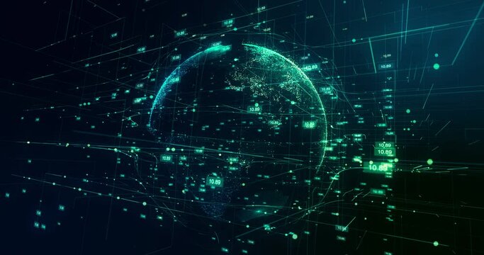 Earth and Digital Hologram Technology Concept.  Business Global Network Data and  Cyberspace Background. Network Grid Motion Abstact Loop 3D Animation 4k
