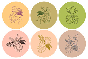 Fototapeta na wymiar Set Floral composition of plants. Bouquet of tropical leaves and flowers. Botanical freehand line drawing on isolated background. Flat floral design for logo, labels, invitations and patterns.