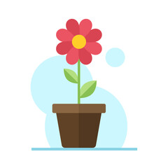 Red flower in pot flat illustration. Color vector icon. Red flower with green leaves in pot vector illustration. Floral business concept