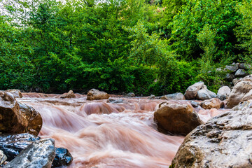 Naklejka na ściany i meble A picturesque wide angle view of the speedy mountain river Roudoule in the low Alps after rain with dirty water (Puget-Theniers, Alpes-Maritimes, Provence, France)