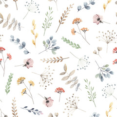 Watercolor floral seamless pattern with scattered wildflowers, leaves and plants. Summer illustration in vintage style on white background. - 366061174