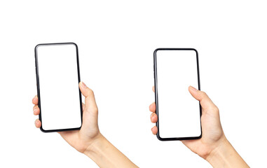 Hand young woman holding mobile smartphone with blank screen isolated on white background with clipping path