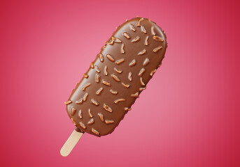 Brown chocolate popsicle ice cream covered with nuts on a colorful pink background. Refreshing summer sweet. Realistic 3D Illustration