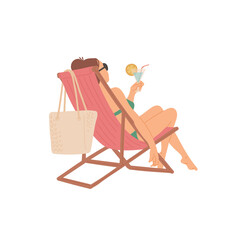 Girl sitting on chaise longue with cocktail in her hands. Relaxing holiday. Vector flat cartoon isolated illustration.