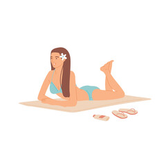 Girl in swimsuit sunbathing on beach. Relaxing holiday on the coast. Vector flat cartoon isolated illustration.
