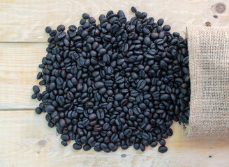 Roasted coffee beans in a sack bag