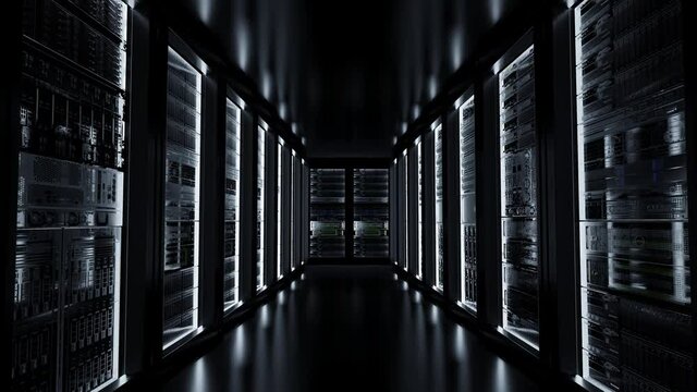 Cloud data server panels in a server room of a data center. Dolly Shot in 4K High Quality Animation
