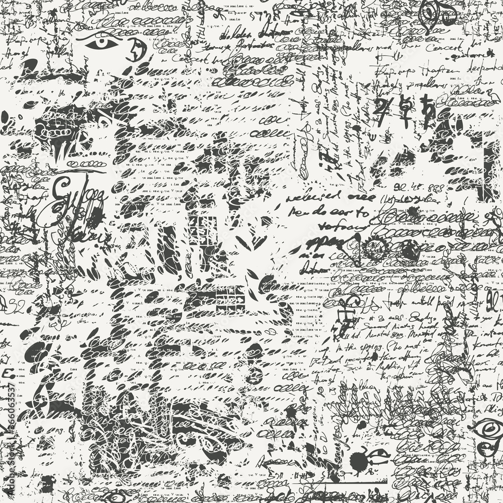 Fototapete seamless pattern with black unreadable scribbles imitating handwritten text on a light background in