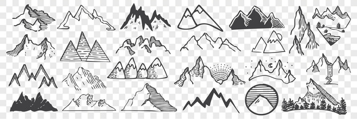 Hand drawn mountain peaks doodle set. © drawlab19