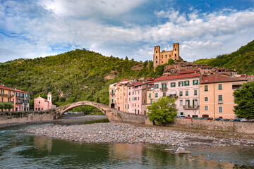 Dolceacqua in Ventimiglia, Imperia district, Liguria (Italy). Medieval Castle in Liguria Riviera, Castello dei Doria, Old Bridge, Historical Castle.