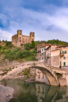 Dolceacqua in Ventimiglia, Imperia district, Liguria (Italy). Medieval Castle in Liguria Riviera, Castello dei Doria, Old Bridge, Historical Castle.