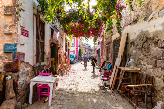 Colorful historical street view in Ayvalik Town.