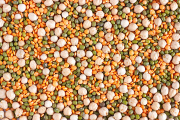 Background of different legume chickpeas, orange lentil and mung. Top view.