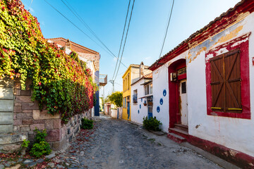 Fototapeta na wymiar Colorful historical street view in Cunda Island of Ayvalik Town.