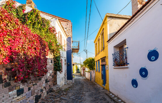 Colorful historical street view in Cunda Island of Ayvalik Town.
