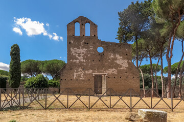 Ruins of the facade of the Church of St. Nicholas on the ancient Roman road Via Appia, city of...