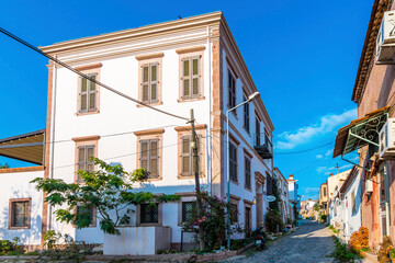 Colorful historical street view in Cunda Island of Ayvalik Town.
