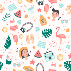 Seamless pattern with design elements related to summer and vacation - 366065753