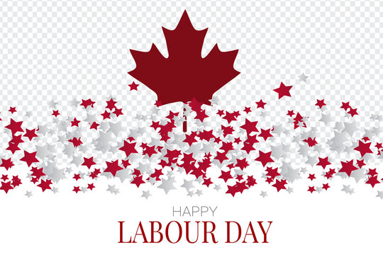 Happy Labour Day background. National flag colors of Canada. White and red stars. Tranpslarent overlay banner. Vector illustration.