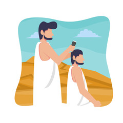 Hajj and umrah islamic pilgrimage ritual guide design. Flat style vector illustration of muslim characters shave or trim hair. 