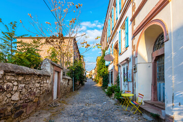 Fototapeta premium Colorful historical street view in Cunda Island of Ayvalik Town.