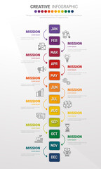 Timeline presentation for 12 months, 1 year, Timeline infographics design vector and Presentation business can be used for Business concept with 12 options, steps or processes. 