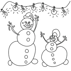 Outline vector illustration Christmas party, snowmen and garland with bulbs, coloring page