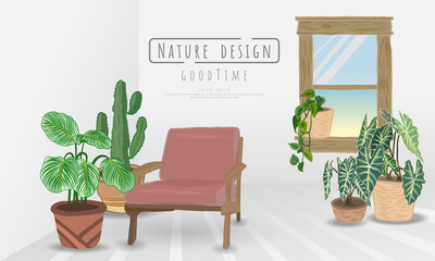 indoor plants vector Nordic style living room interior. Hand drawing style cozy interior with homeplants. Cartoon vector illustration.