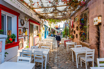Colorful historical street view in Cunda Island of Ayvalik Town.