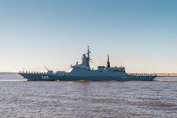 Military Corvette STOIKIY project 20380 passes near Kronstadt during the rehearsal of the naval parade. July 17, 2020.