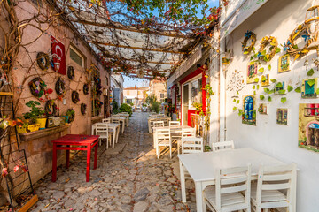 Fototapeta premium Colorful historical street view in Cunda Island of Ayvalik Town.