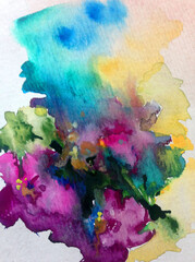 Abstract bright colored decorative background . Floral pattern handmade . Beautiful tender romantic summer meadow with flowers , made in the technique of watercolors from nature.
