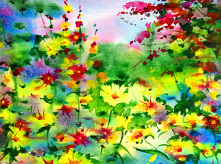 Fototapeta na wymiar Abstract bright colored decorative background . Floral pattern handmade . Beautiful tender romantic summer meadow with flowers , made in the technique of watercolors from nature.