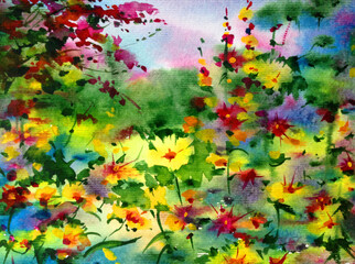 Obraz na płótnie Canvas Abstract bright colored decorative background . Floral pattern handmade . Beautiful tender romantic summer meadow with flowers , made in the technique of watercolors from nature.