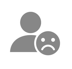 User profile with sad face grey icon. Sad rating, dislike, feedback symbol