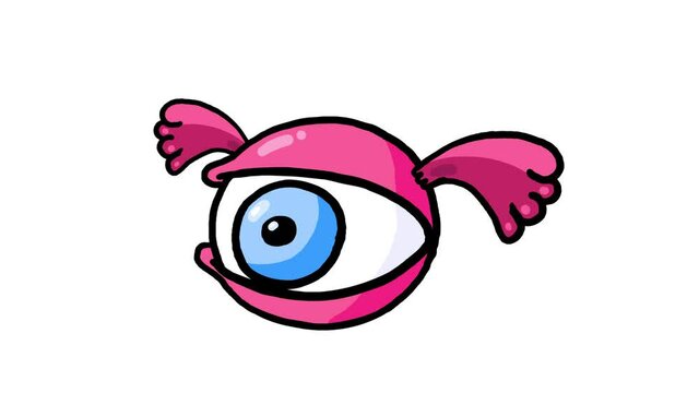 Cartoon crazy doodle monster blinking eye flying. Seamless loop, alpha channel.