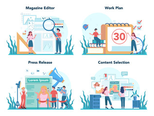 Fototapeta premium Magazine editor concept set. Journalist and designer working
