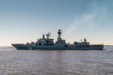 A large anti-submarine ship Vice Admiral Kulakov of project 1155 passes near Kronstadt during the rehearsal of the naval parade.17, 2020.