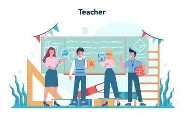 Teacher concept . Profesor standing in front of the blackboard