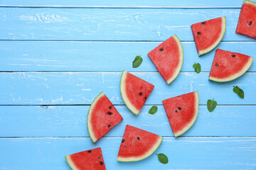 Top view watermelon slice with mints is summer fruits, refreshed with copy space.