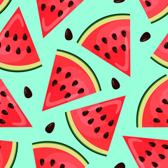 Seamless pattern with pieces of watermelon on blue background. Endless print. Vector illustration.