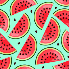 Seamless pattern with pieces of watermelon on blue background. Endless print. Vector illustration.