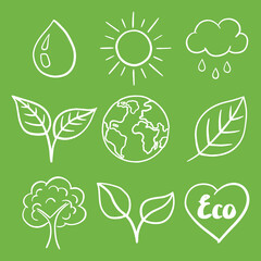 Set of hand drawn ecological signs. White symbols on a green background. Vector illustration in the Doodle style.